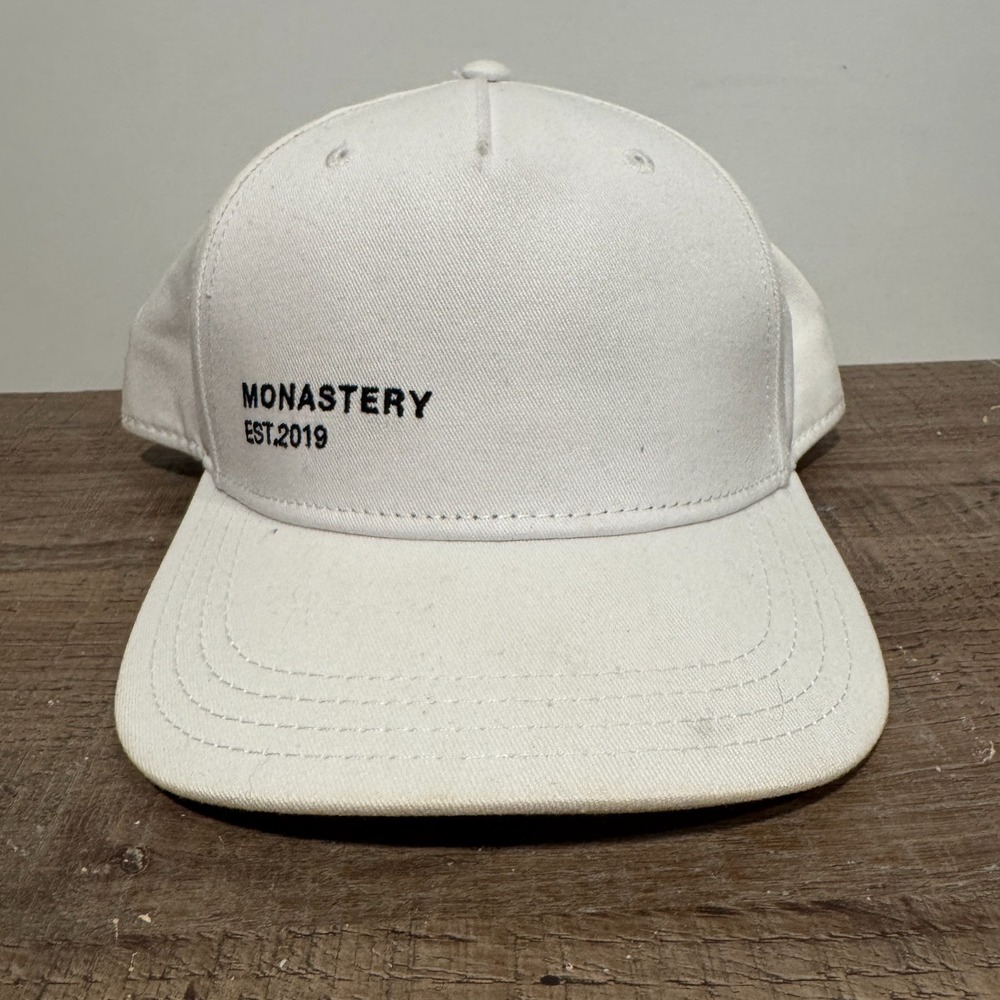 MONASTERY COUTURE Hat‎ Cap White Black Leather Strap Back Cotton Designer Adult